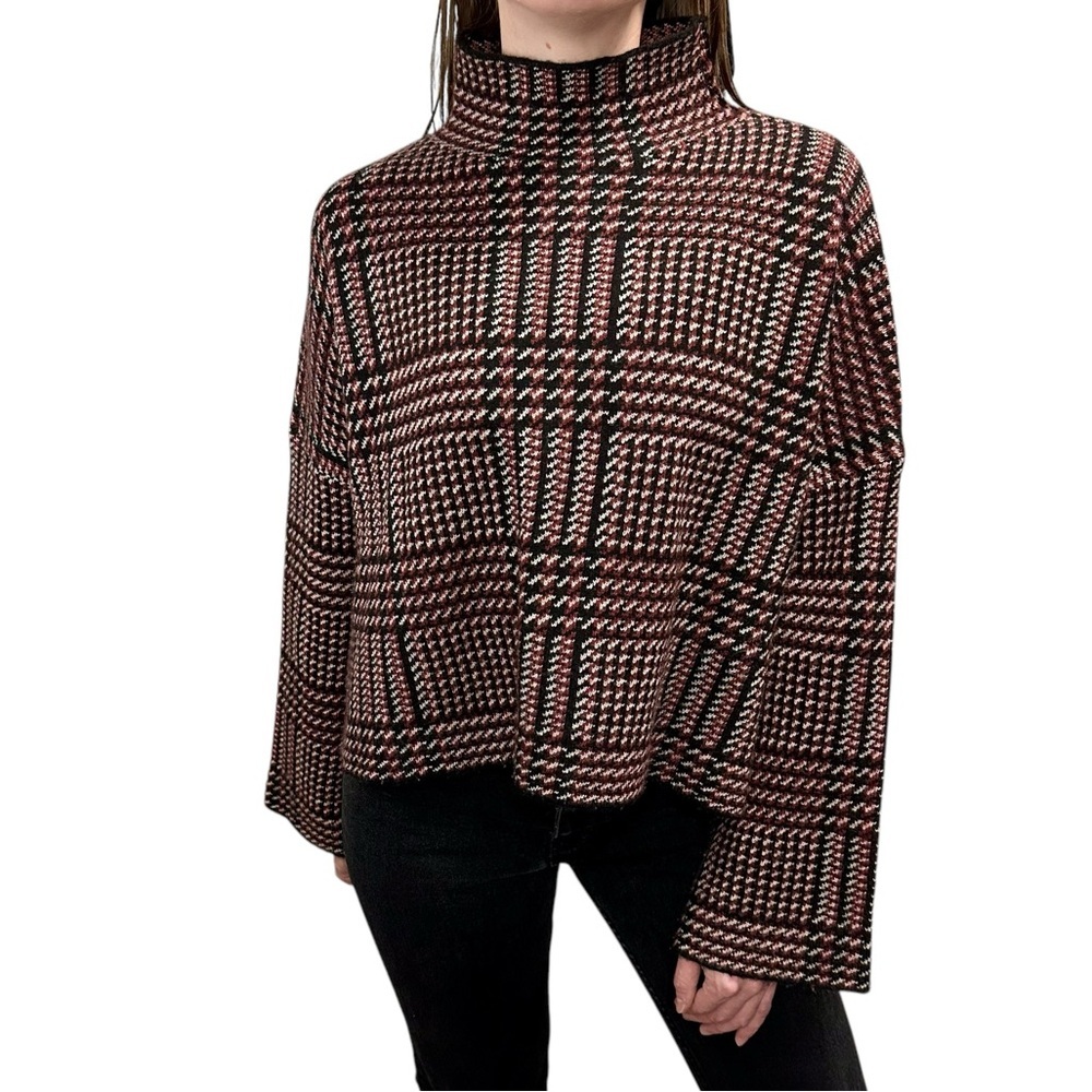 ALLUDE Wool Cashmere Plaid Houndstooth High Neck Sweater